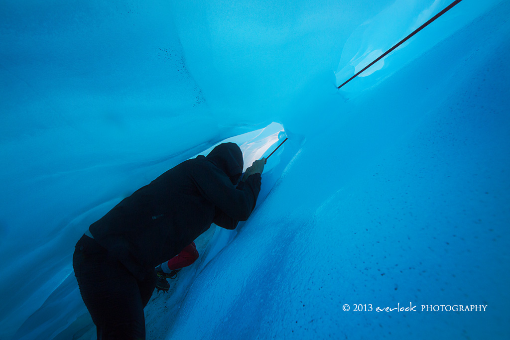 Cramming into Ice Caves on the middle glacier